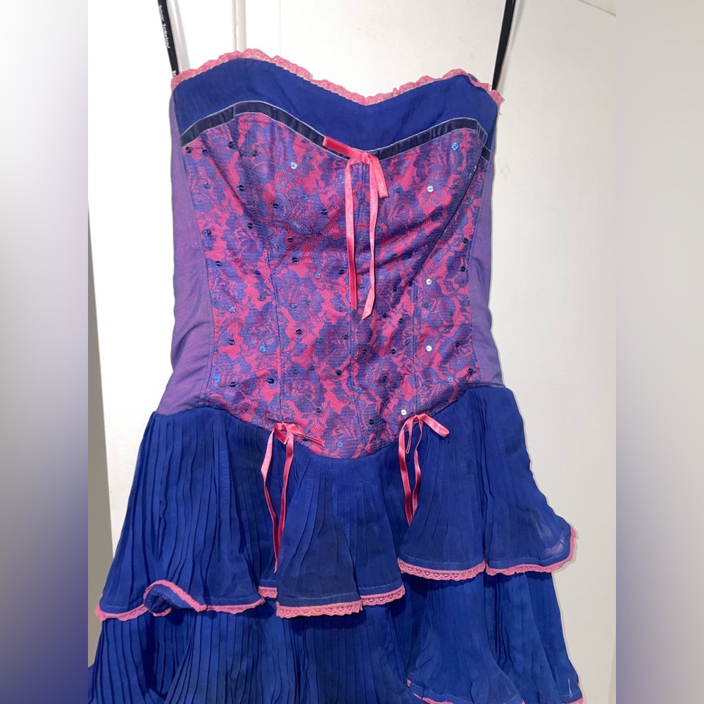 Y2K Vintage Betsey Johnson Strapless Corset Ruffle Pink Blue Lace Cupcake Mini 💘 - Picture 8 of 15